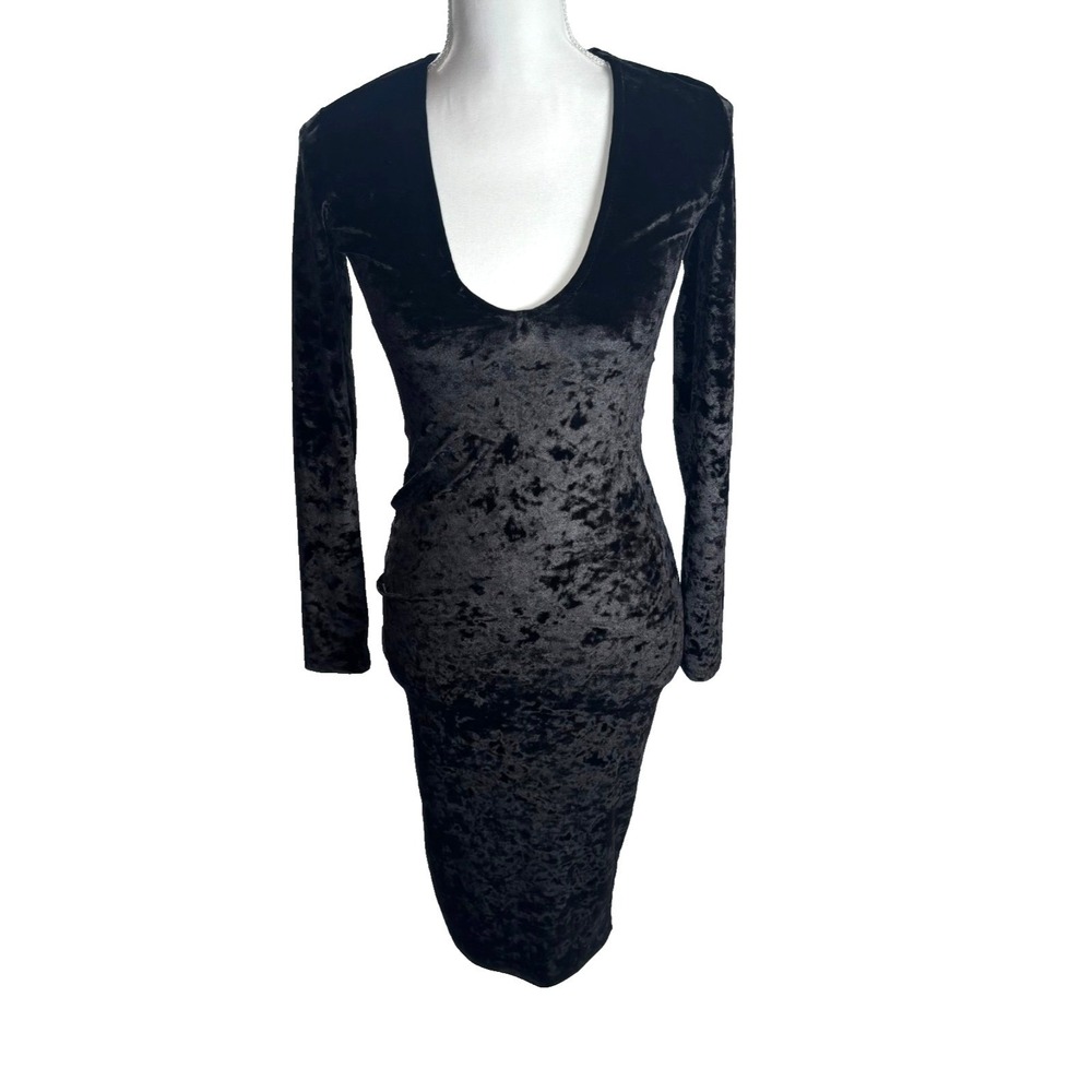 Crushed Velvet Dress Black Long Sleeve Bodycon V Neck Dark Romance Goth Vamp